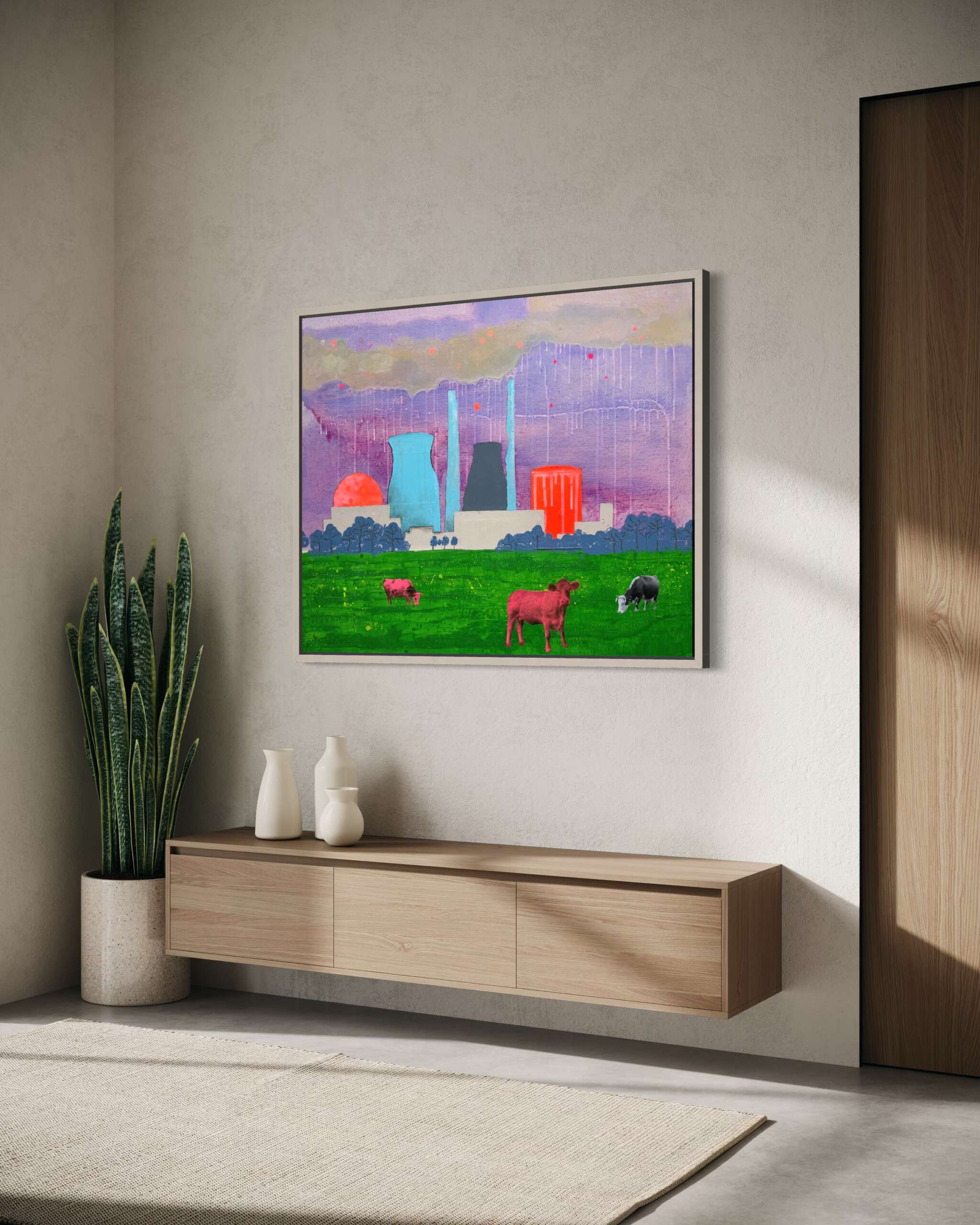Landschaft mit Kühen, im Raum, seitlich, Kunstwerk von Kristin Gezorreck