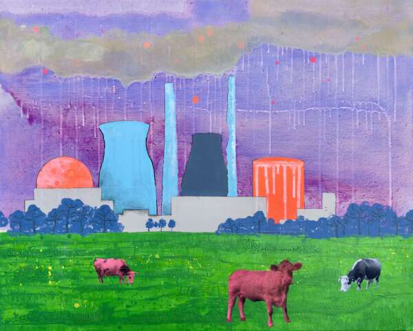 Landschaft mit Kühen, Frontalansicht, Kunstwerk von Kristin Gezorreck