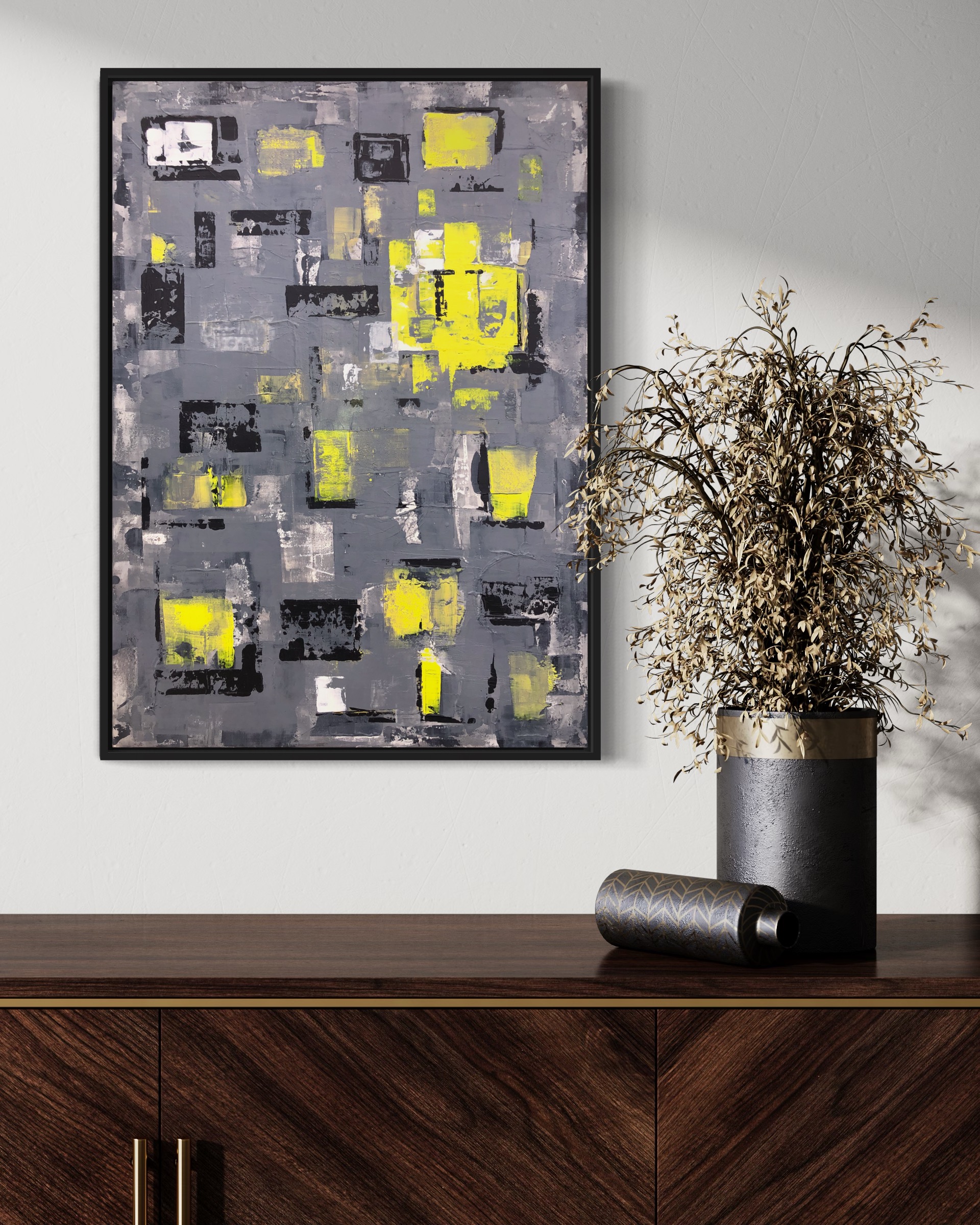 Variation in Grau mit Gelb, im Raum, Kunstwerk von Kristin Gezorreck