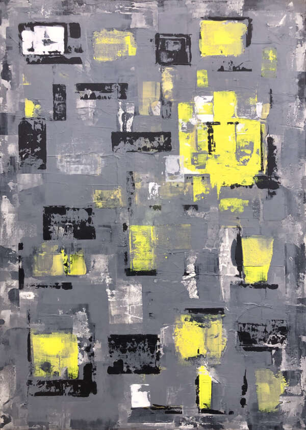 Variation in Grau mit Gelb, Frontalansicht, Kunstwerk von Kristin Gezorreck