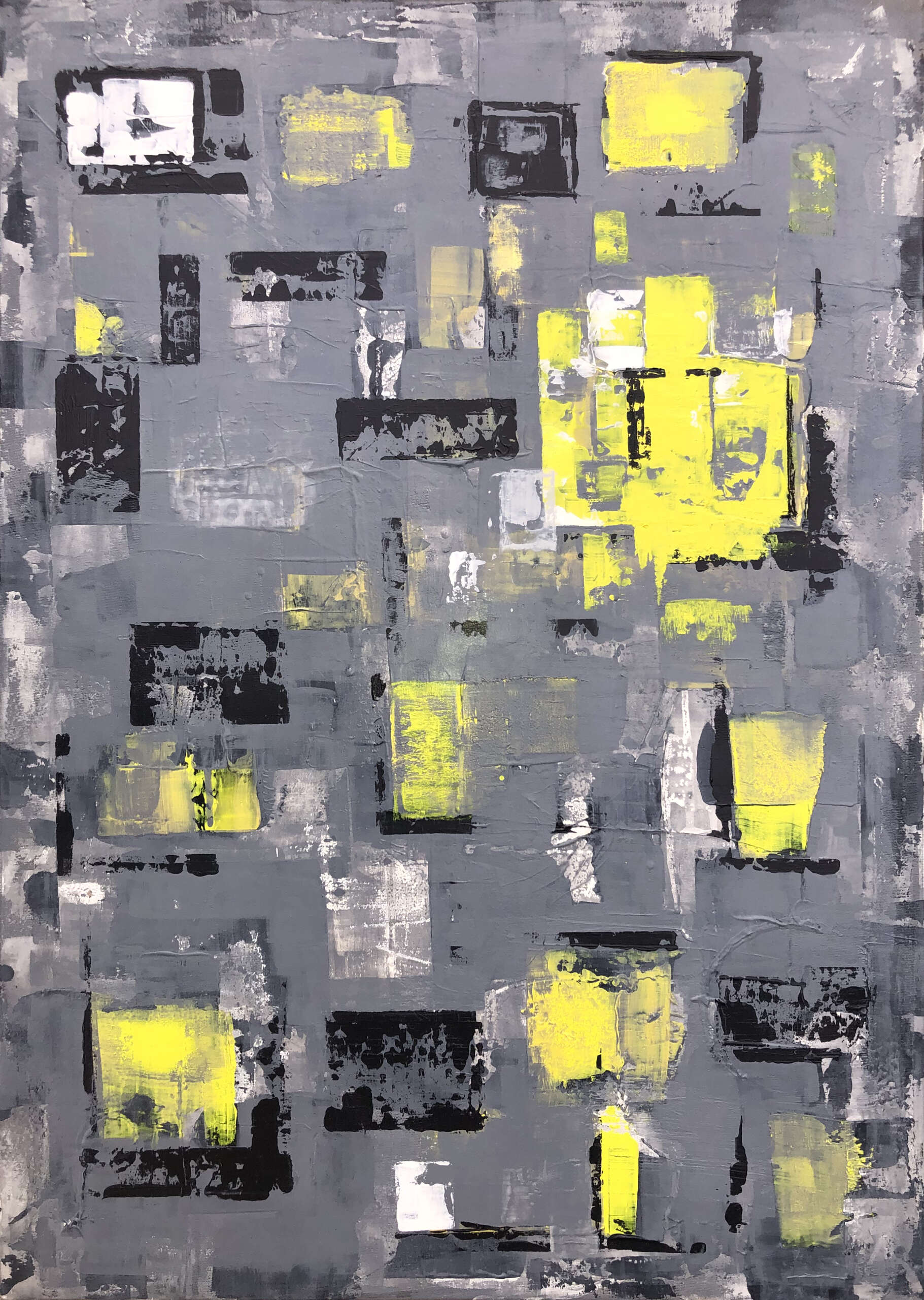 Variation in Grau mit Gelb, Frontalansicht, Kunstwerk von Kristin Gezorreck